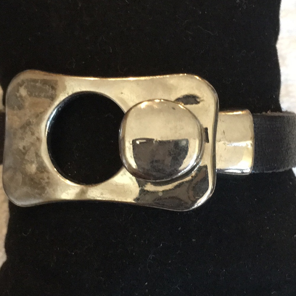 Black leather bracelet with novel clasp.